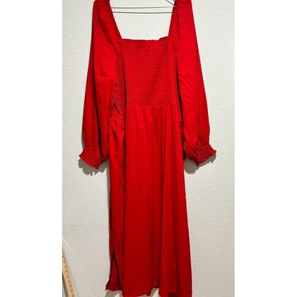 La Linge Square Neck Smocked Side Slit Fit & Flare Dress Red 2X Ballon Sleeve - Picture 3 of 11